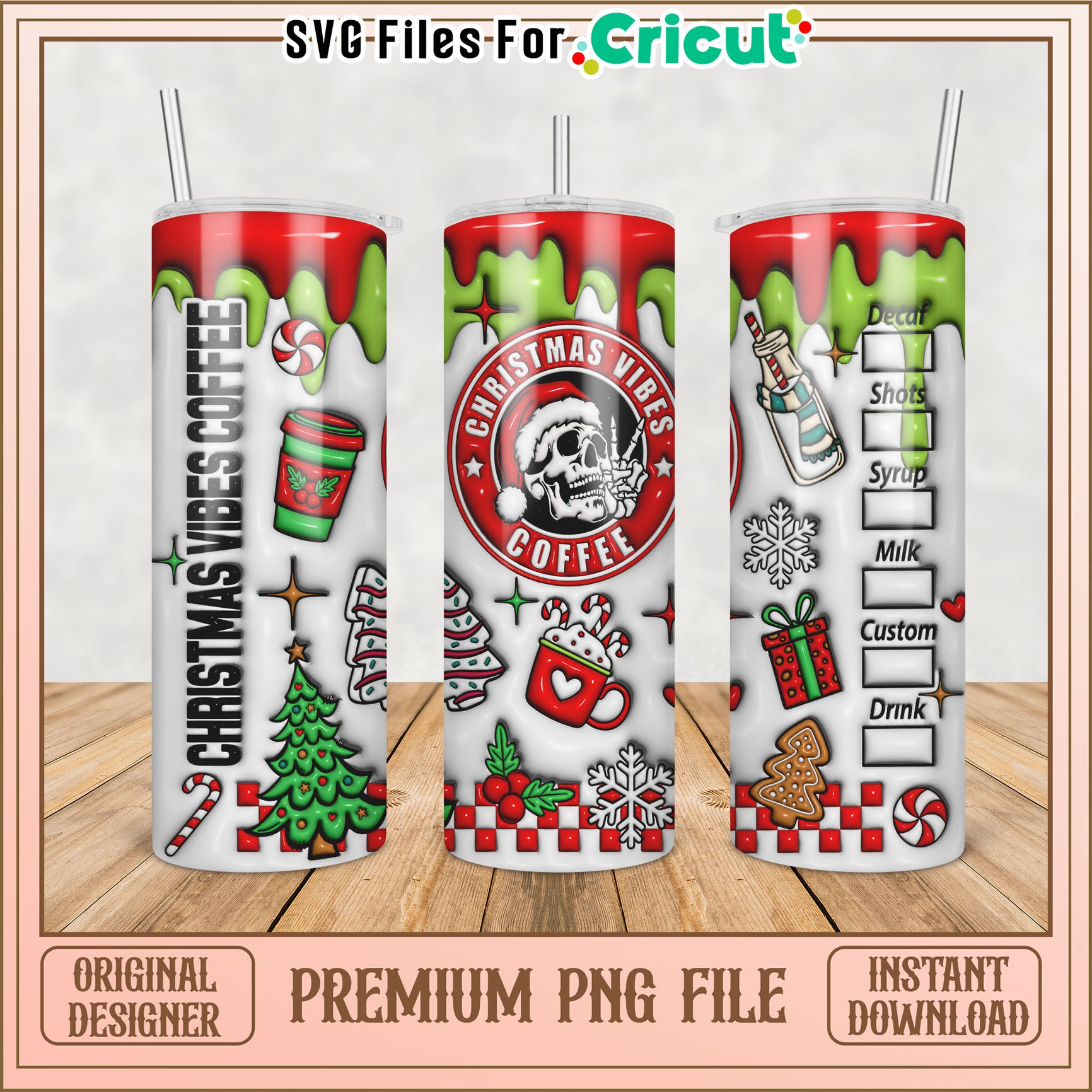 Christmas Vibes Coffee Tumbler PNG Design for Cricut Projects