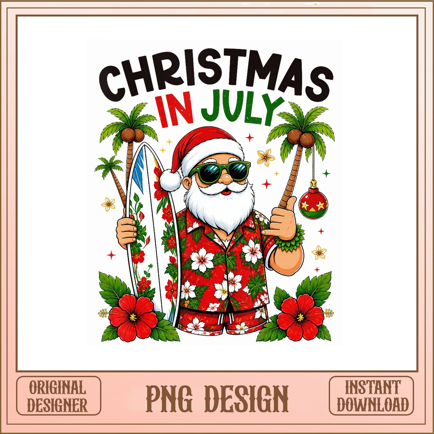 Christmas In July Santa PNG, Surfing Santa Claus, Summer PNG
