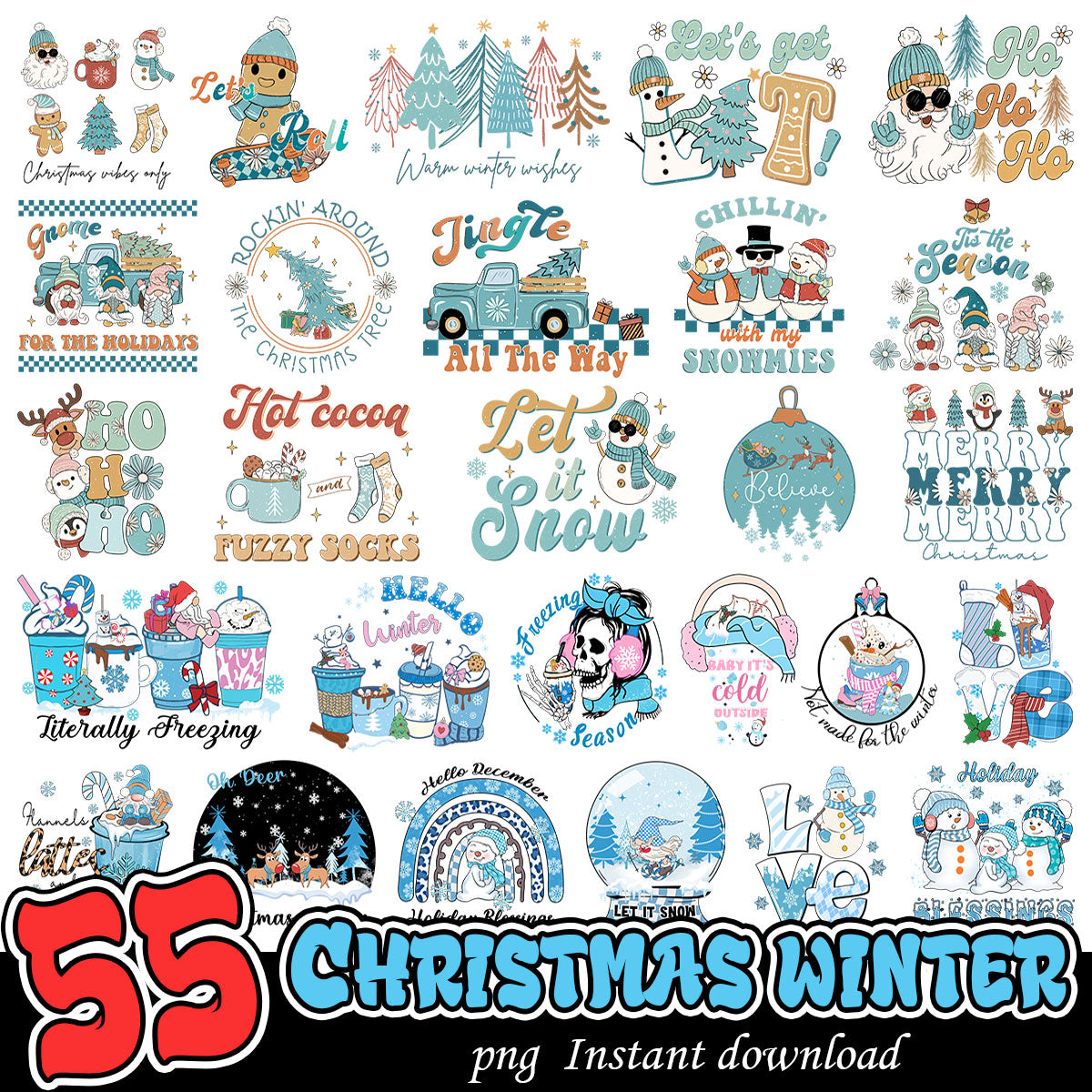 Retro Winter png bundle, Christmas bundle, Retro Christmas bundle