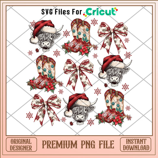 Christmas red vintage png, merry christmas png, cow santa hat png