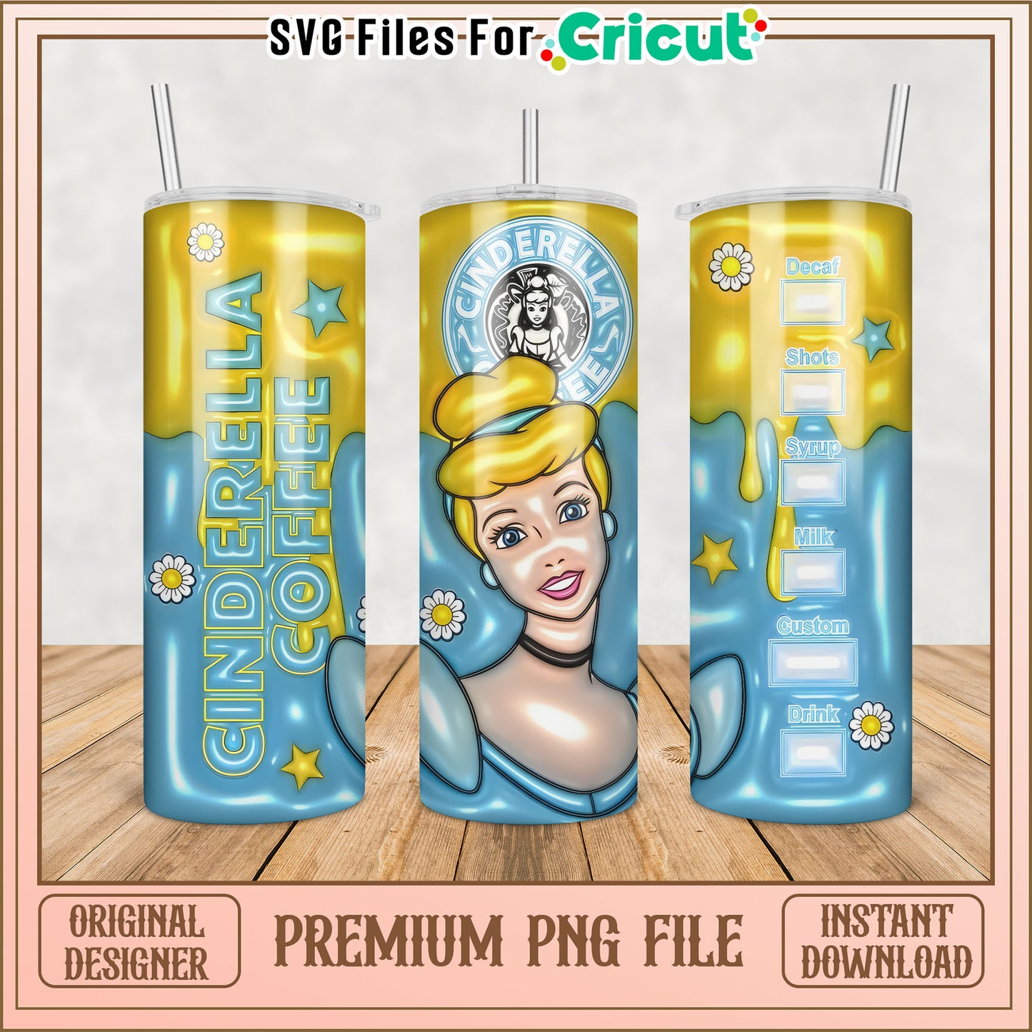 Cinderella Coffee Tumbler PNG Design for Cricut Crafting Files