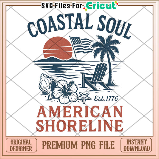 Coastal soul american shoreline png, beach life quote png