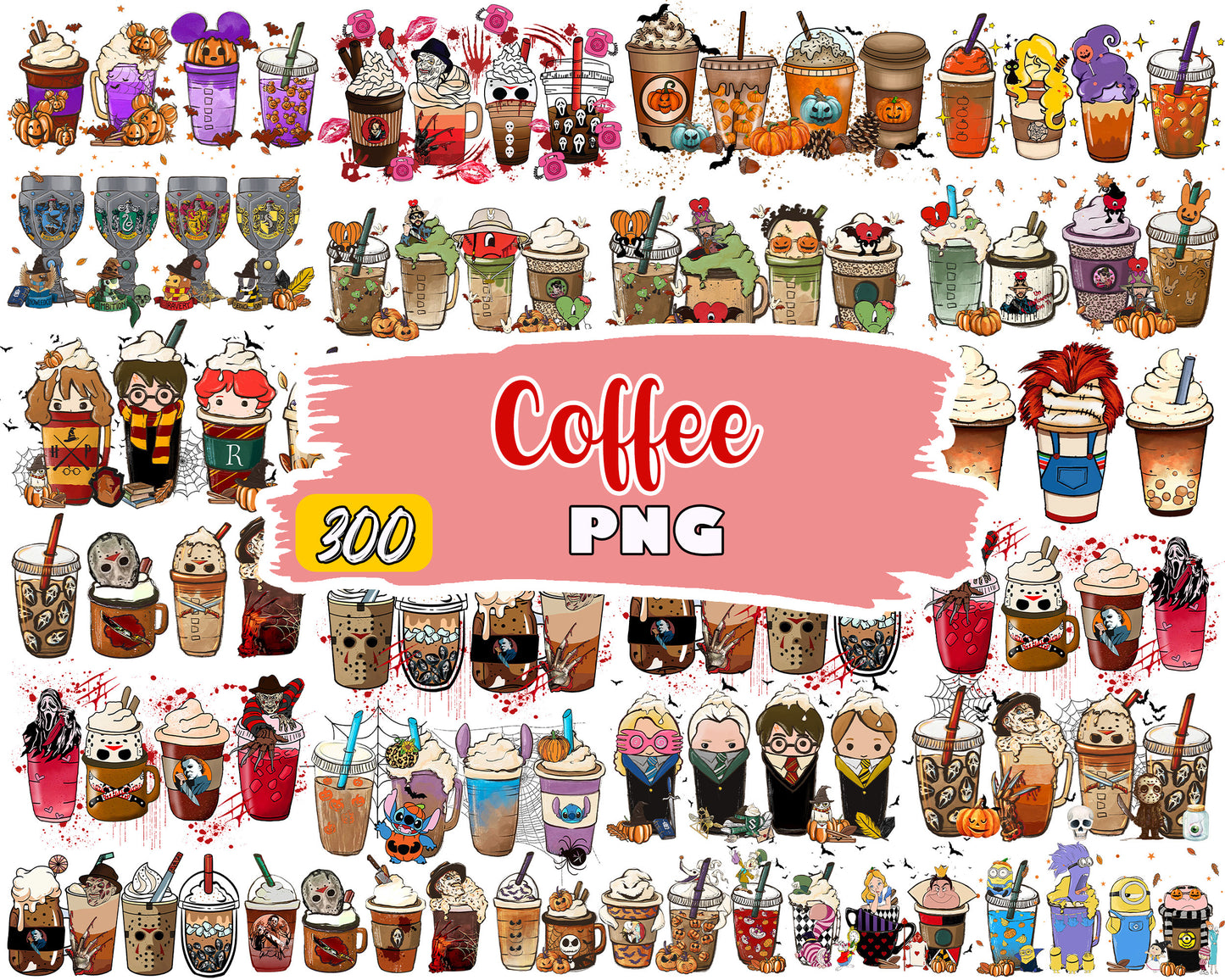 Movie coffee cup halloween bundle png, halloween coffee cup​ png