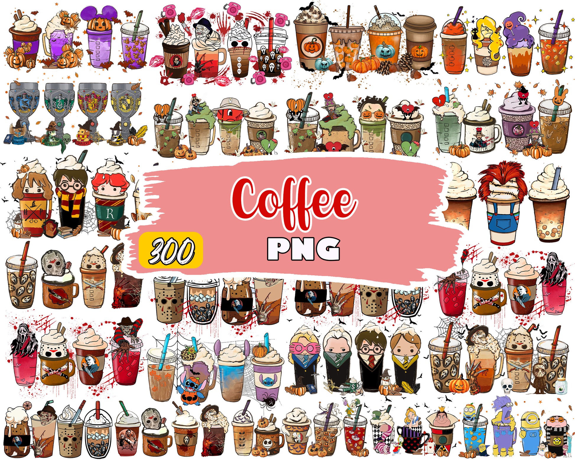 Movie coffee cup halloween bundle png, halloween coffee cup​ png