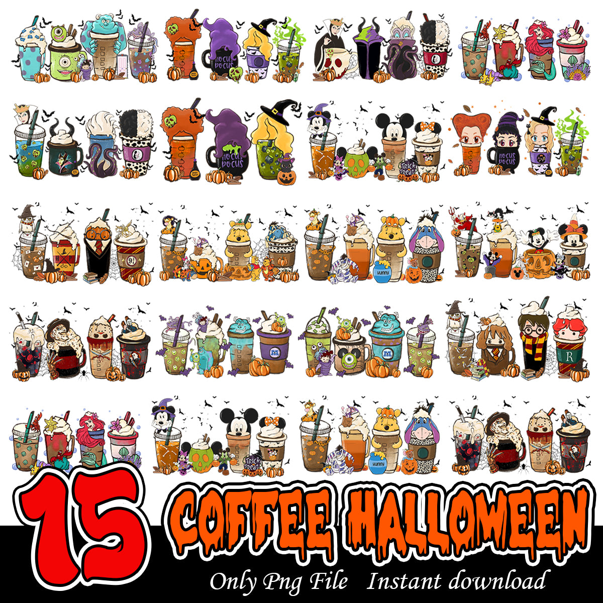 Coffee Cups Halloween Bundle PNG, Halloween drinks art bundle