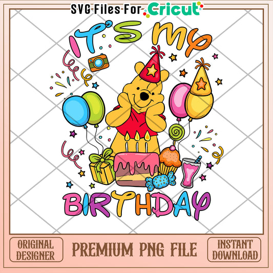 Colorful Birthday Celebration PNG with Adorable Bear Design