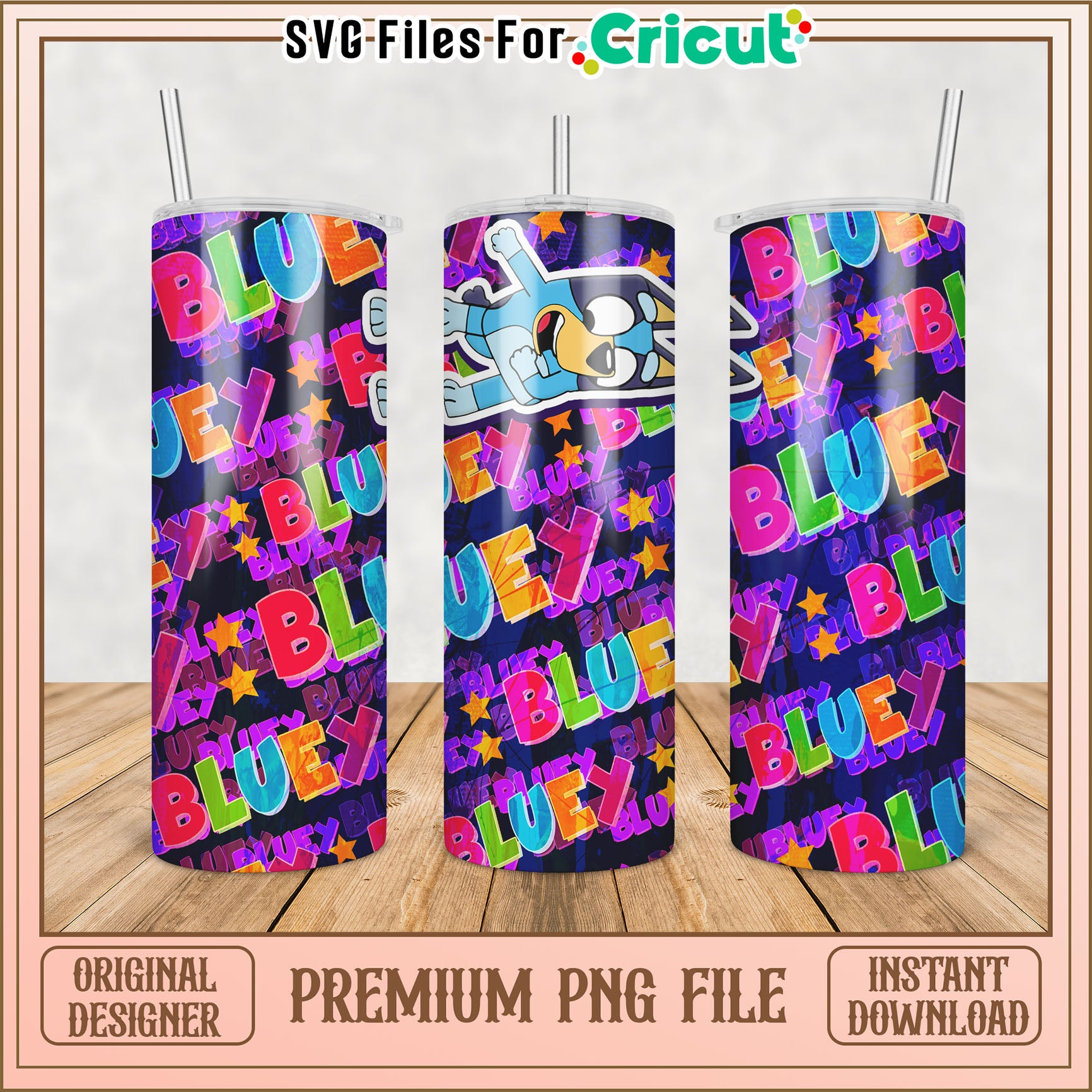 Colorful Bluey Tumbler Design PNG File for Cricut Projects Download