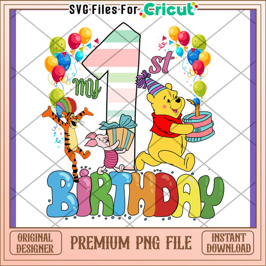 Colorful First Birthday PNG Design with Characters
