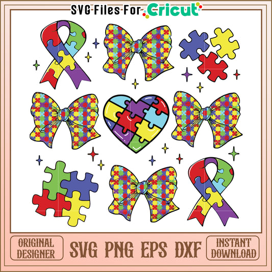 Colorful Puzzle Ribbons and Bows for Creative Designs, Unique SVG Art