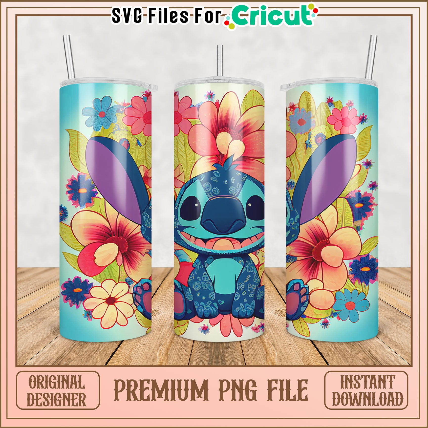 Colorful Tumbler PNG File with Floral Design and Character