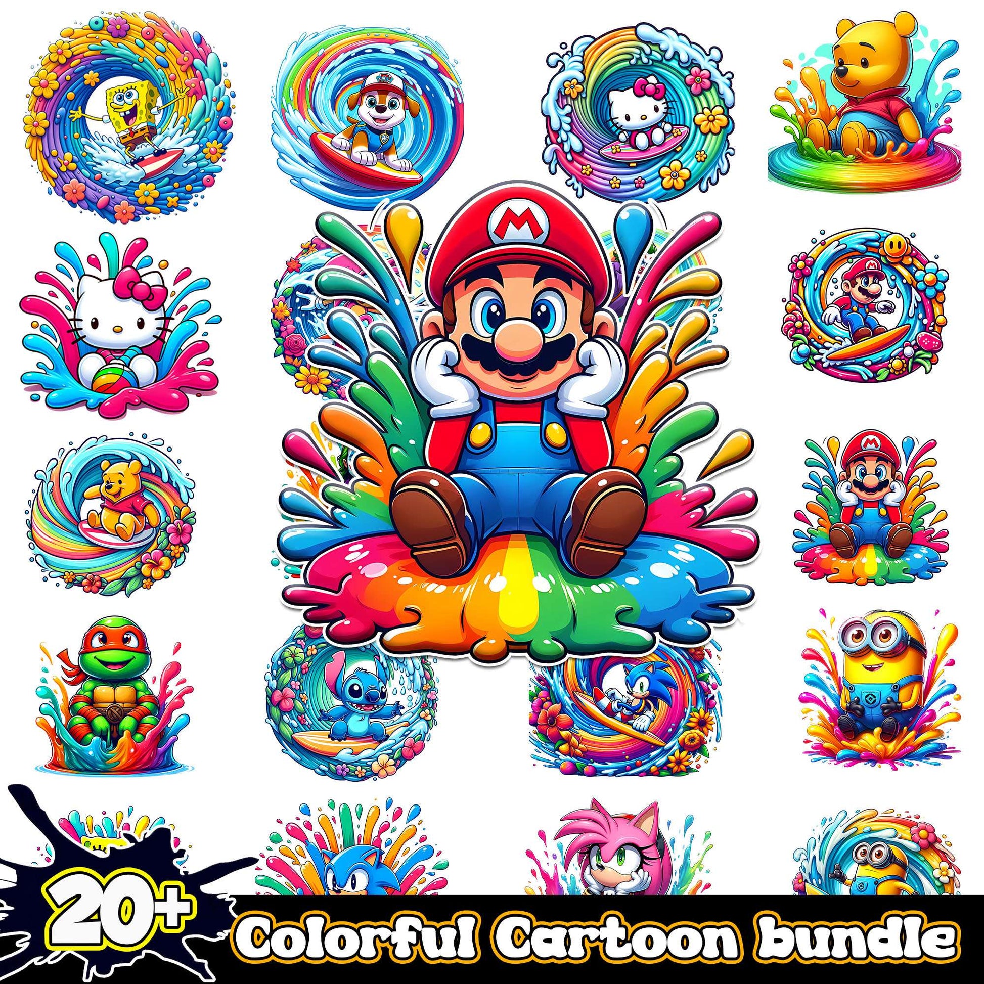 Cartoon popular characters watercolor bundle png, popular cartoons​​ png