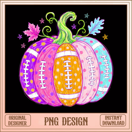 Colorful Football Pumpkin PNG, Fall Halloween Design, Sublimation PNG