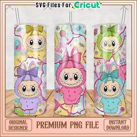Colorful characters tumbler png, labubu macaron​ png, the monsters labubu​ png