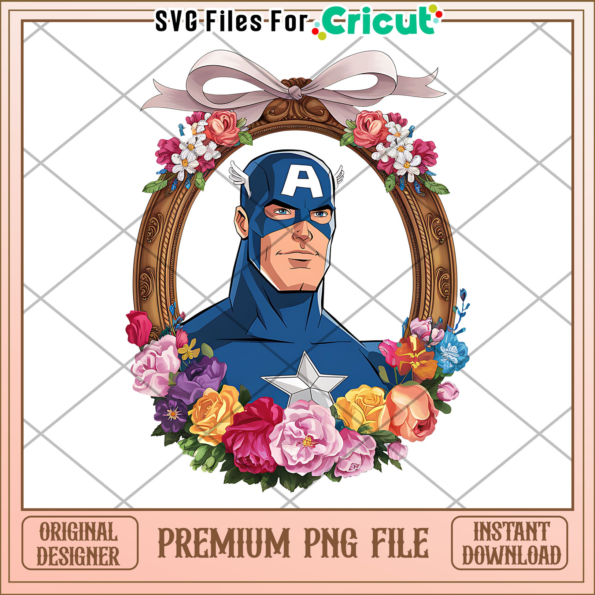 Comic Character PNG Design, Floral Frame with Captain America Art
