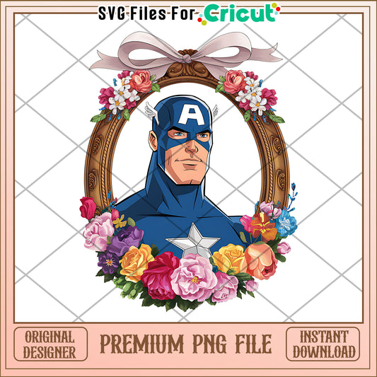 Comic Character PNG Design, Floral Frame with Captain America Art