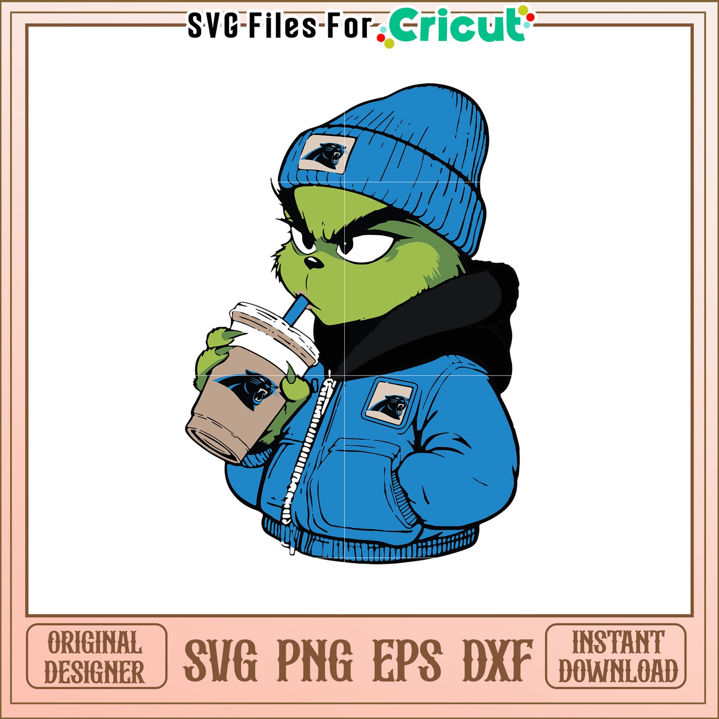 Cool Grinch in Panthers Gear Drinking Coffee SVG Design