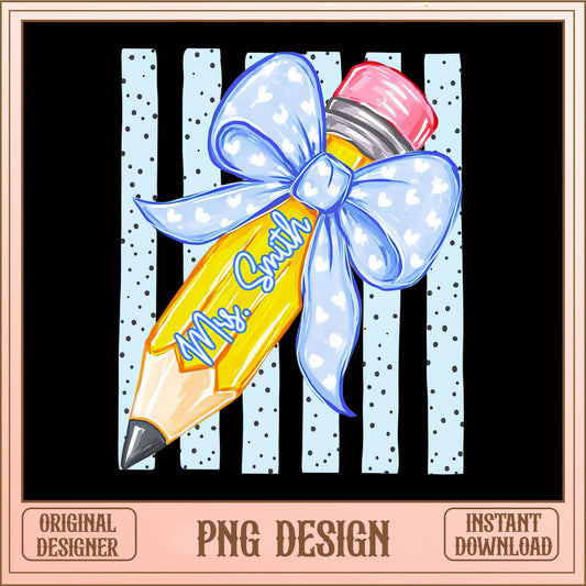 Coquette Teacher Pencil With Bow PNG, Back To School PNG, Teacher Gift PNG