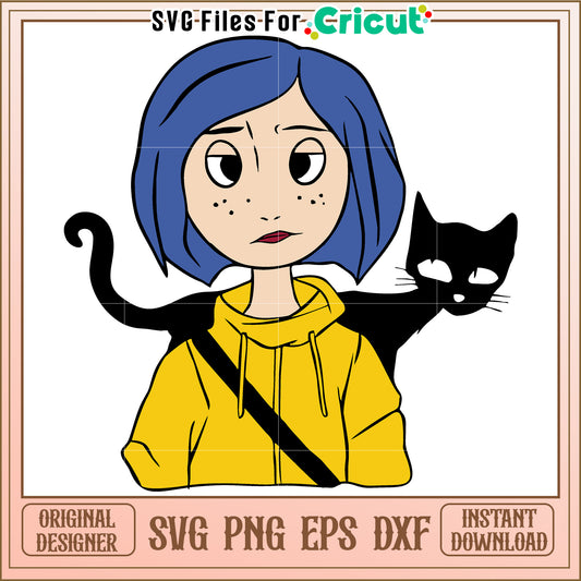 Coraline with black cat svg, coraline cartoon svg, sesame workshop svg