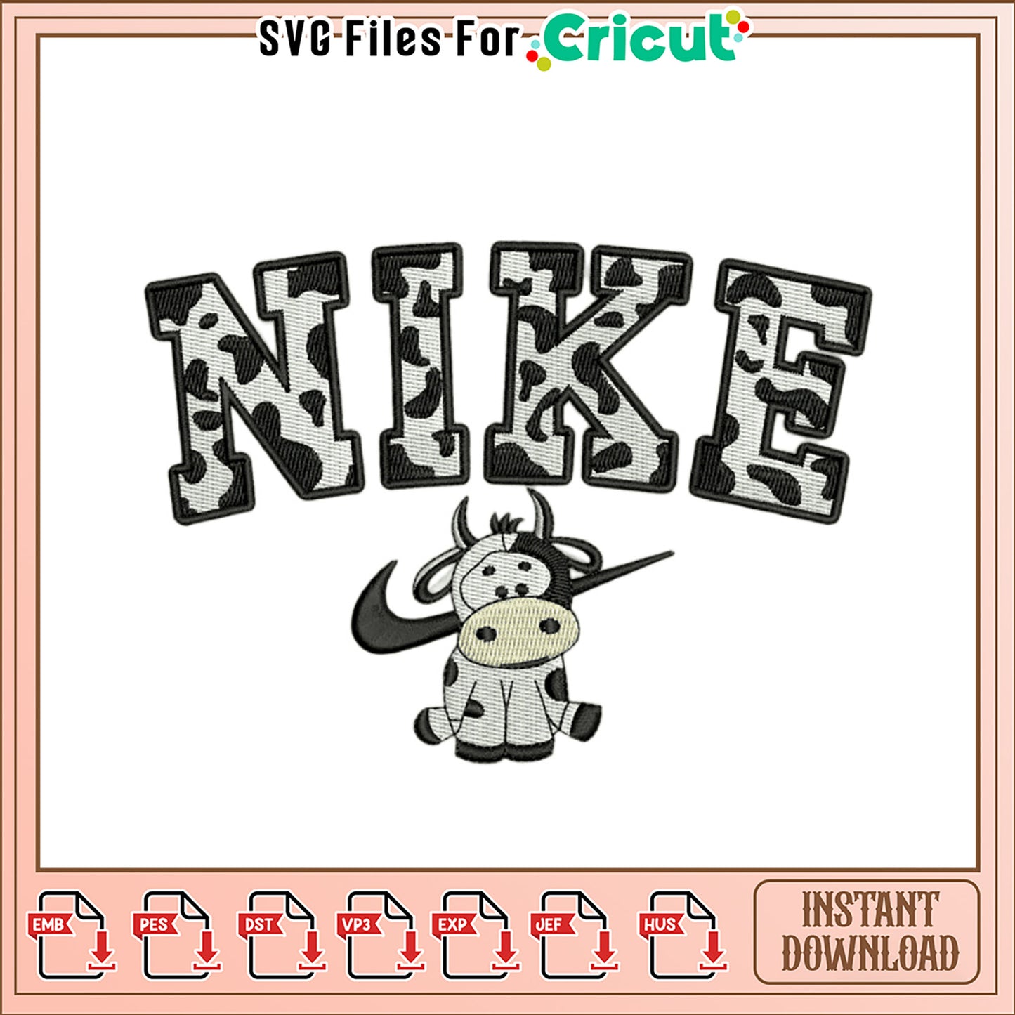 Cow Print Nike Embroidery Design Instant Download