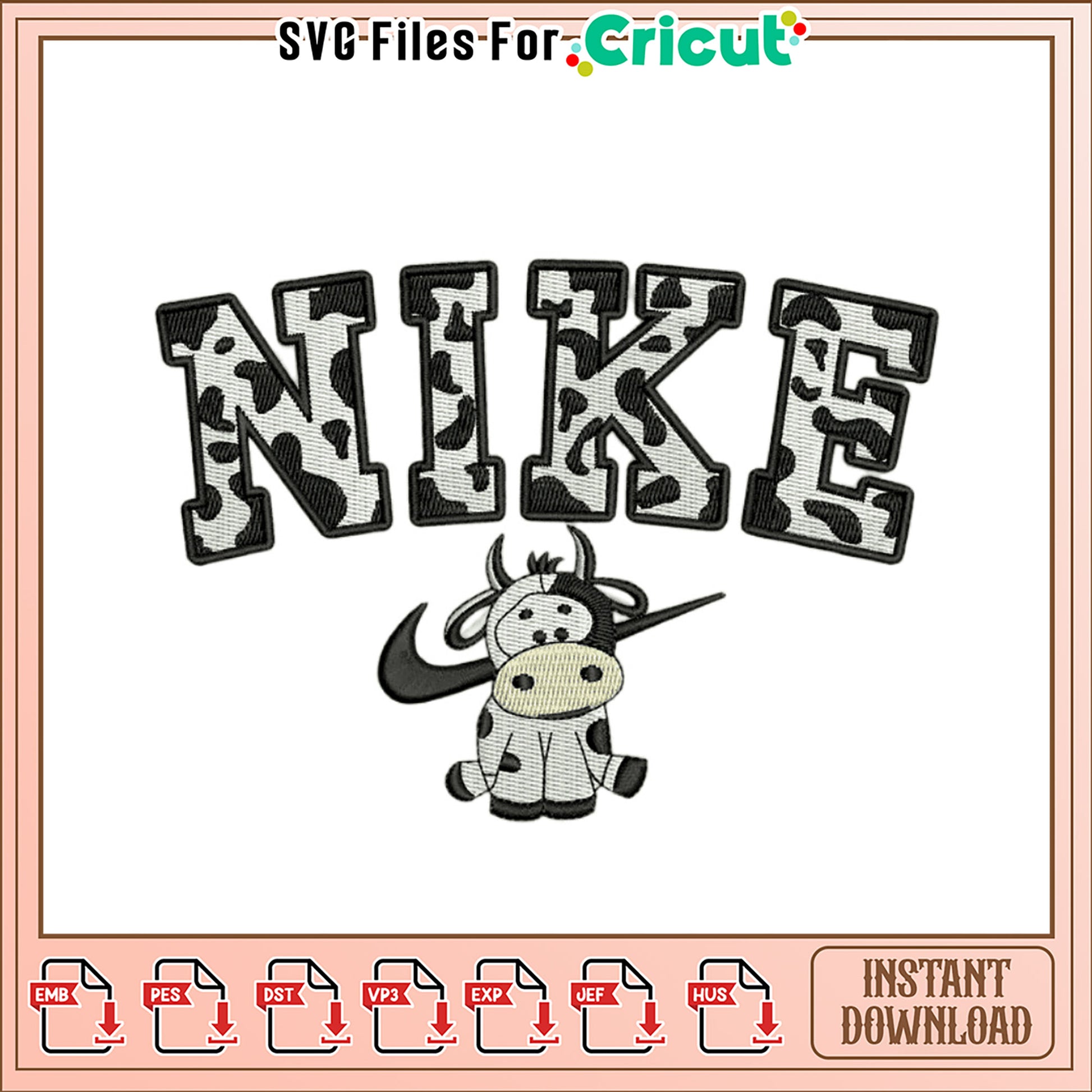 Cow Print Nike Embroidery Design Instant Download