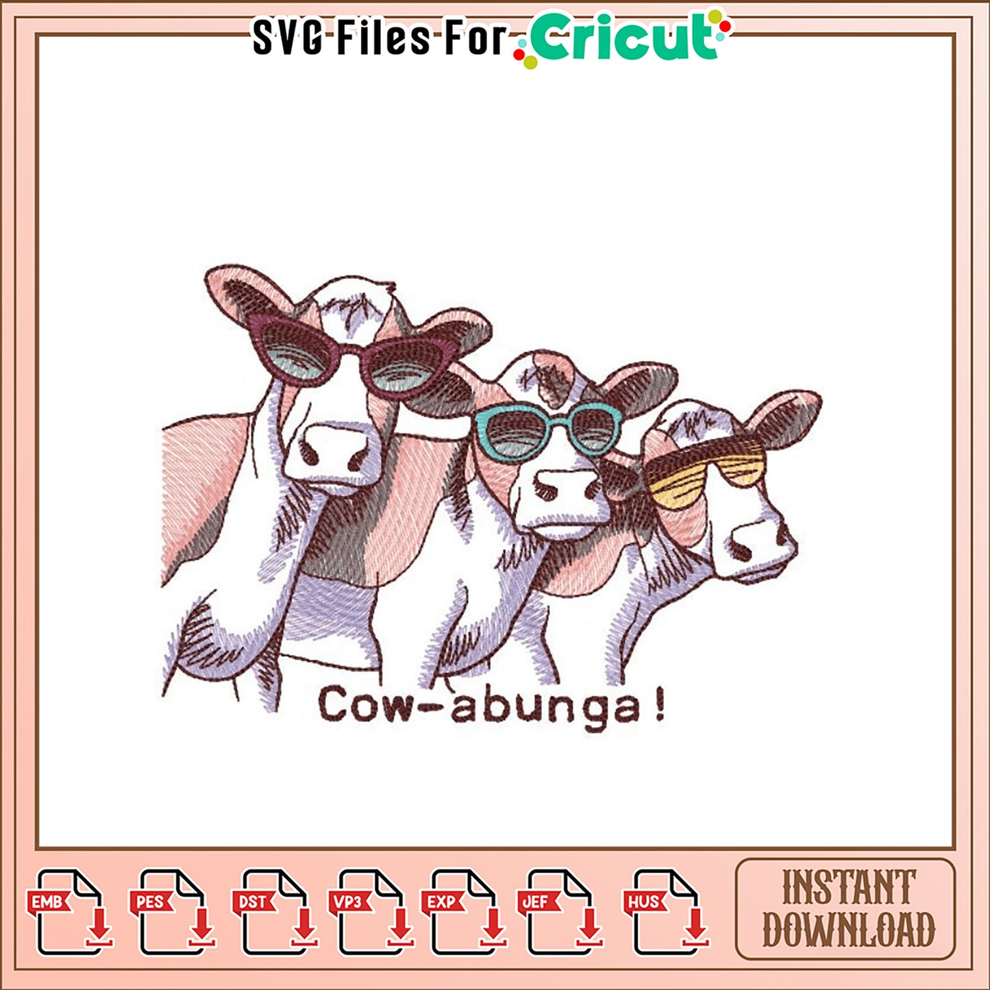 Cow Sunglasses Embroidery Design Instant Download
