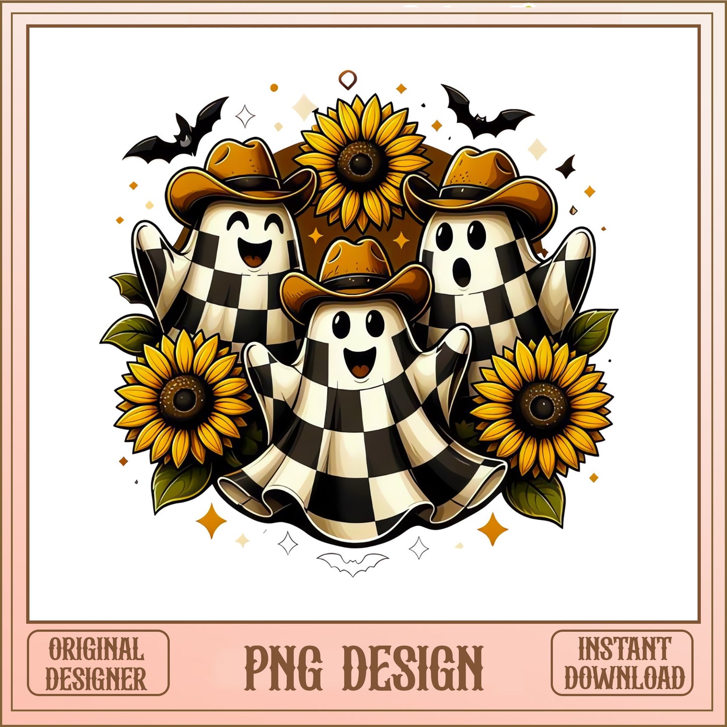 Cowboy Ghost Sunflower Halloween PNG, Checkered Ghost PNG, Spooky Western PNG