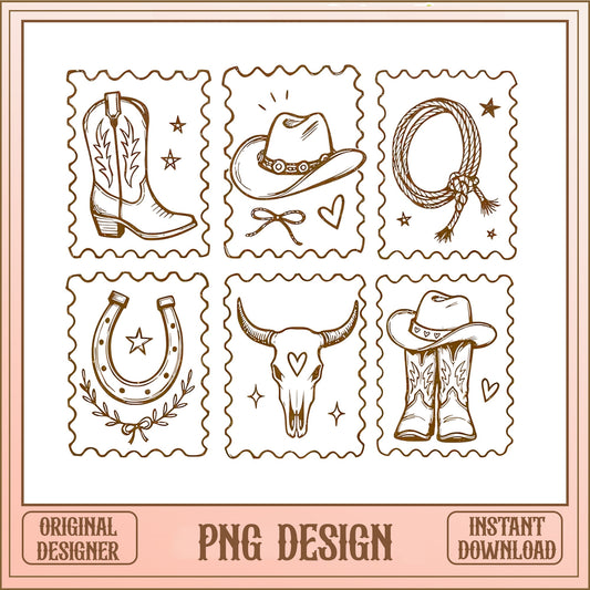Cowboy Stamp Bundle PNG, Western Boho Clipart, Cowgirl PNG