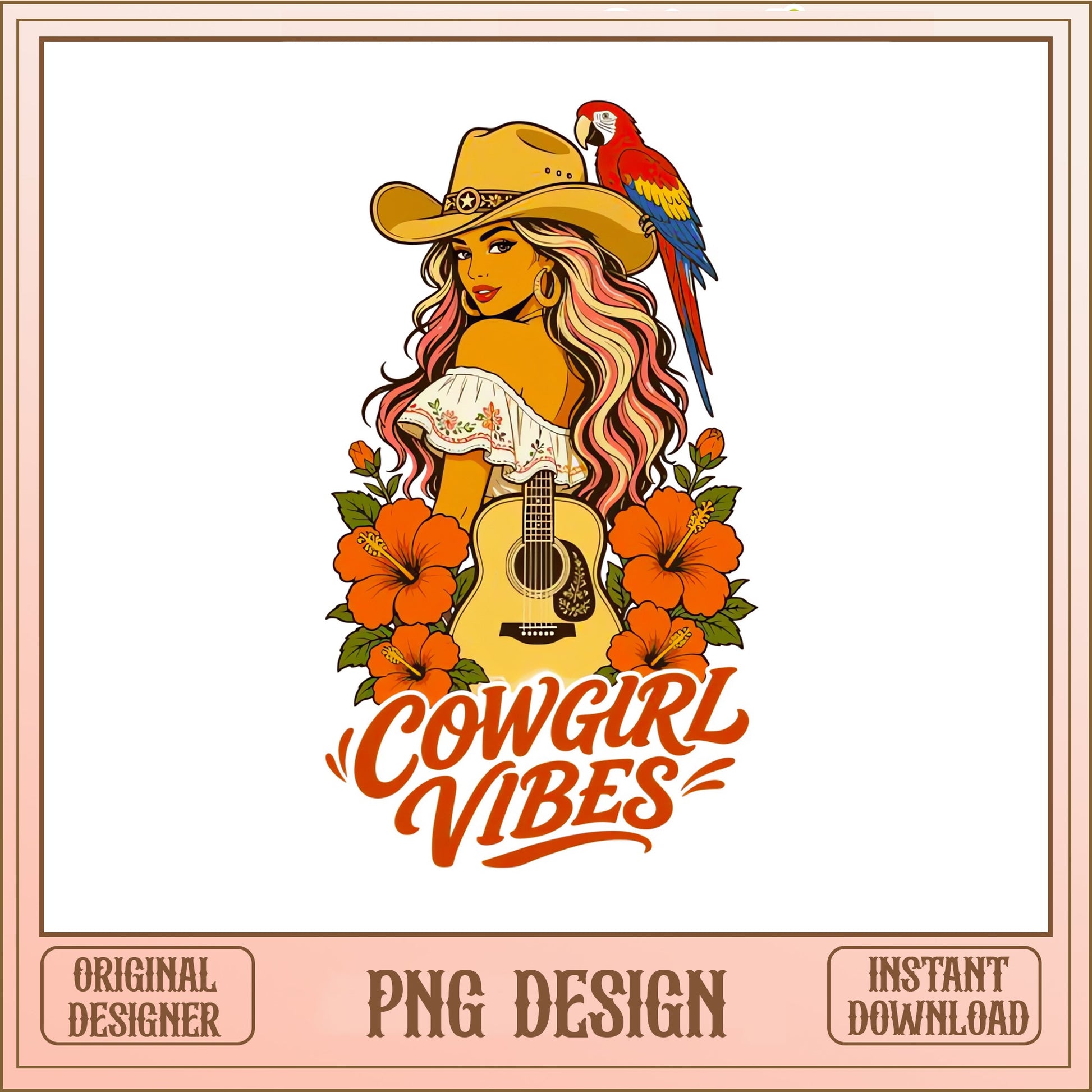 Cowgirl Vibes PNG, Western Cowgirl With Guitar PNG, Boho PNG