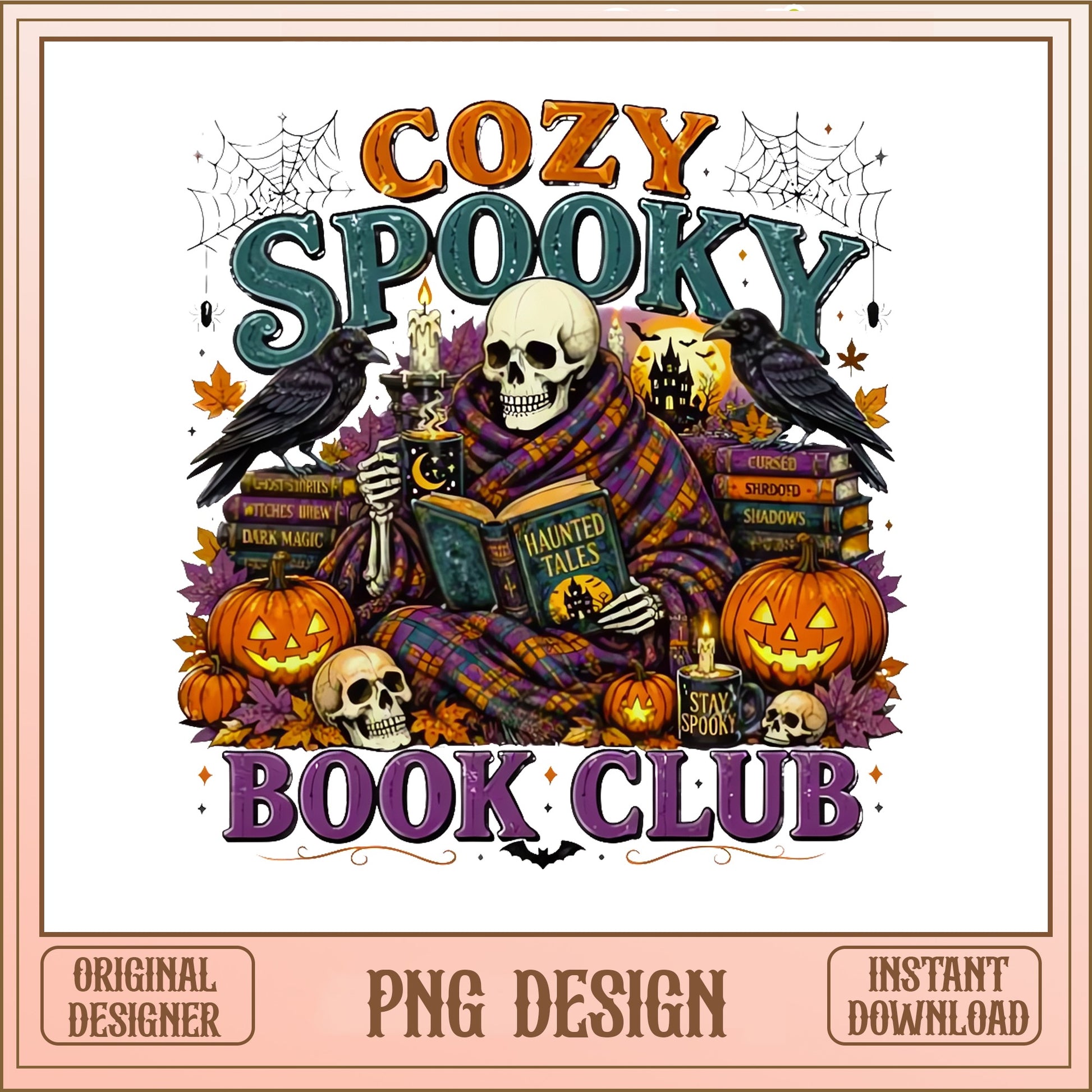 Cozy Spooky Book Club PNG, Halloween Skeleton PNG, Reading PNG