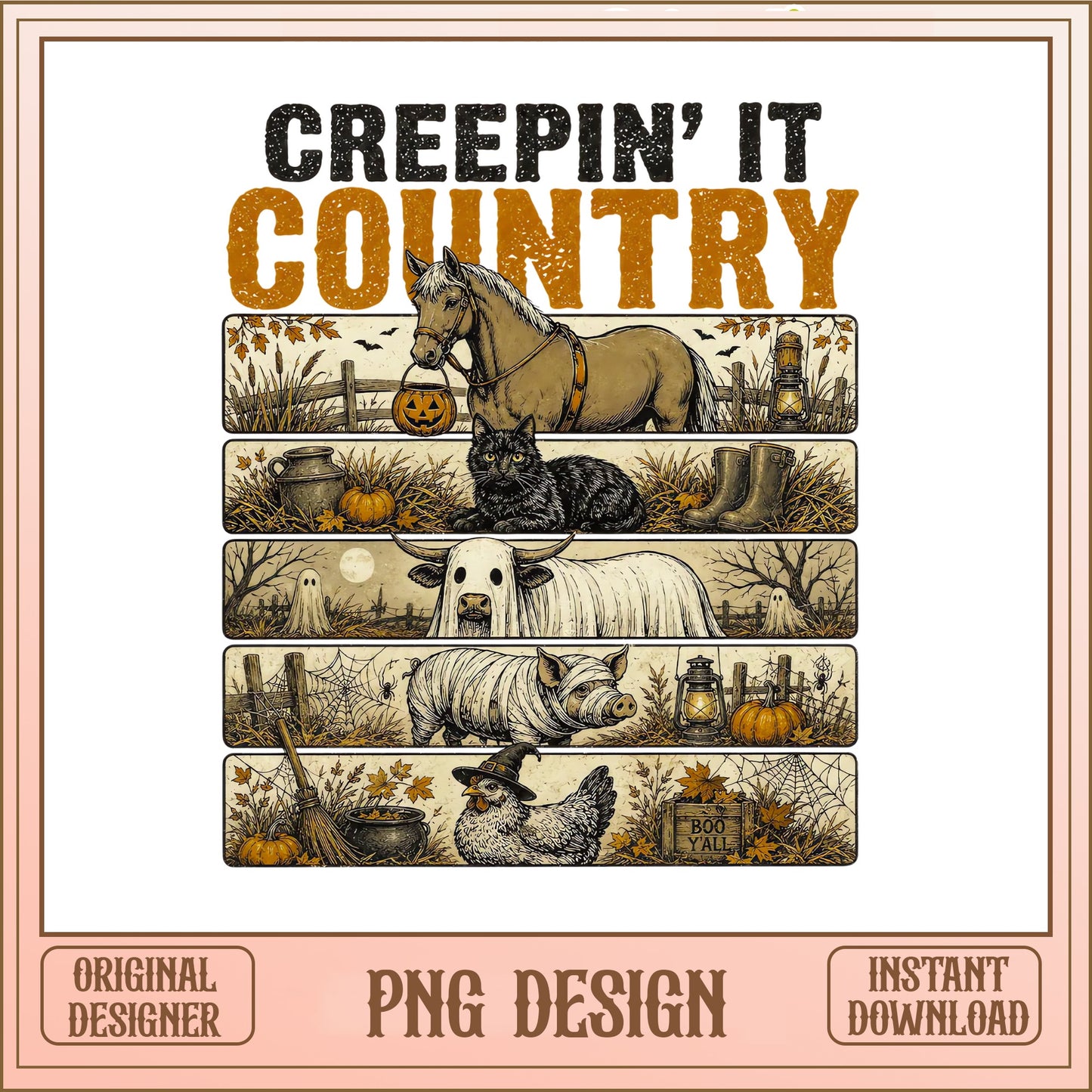 Creepin It Country Halloween PNG, Funny Farm Animals, Retro Western PNG