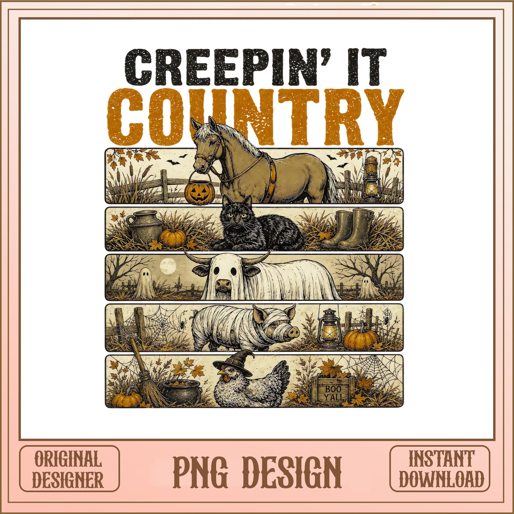 Creepin It Country Halloween PNG, Funny Farm Animals, Retro Western PNG