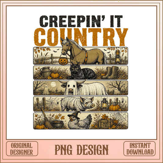 Creepin It Country Halloween PNG, Funny Farm Animals, Retro Western PNG