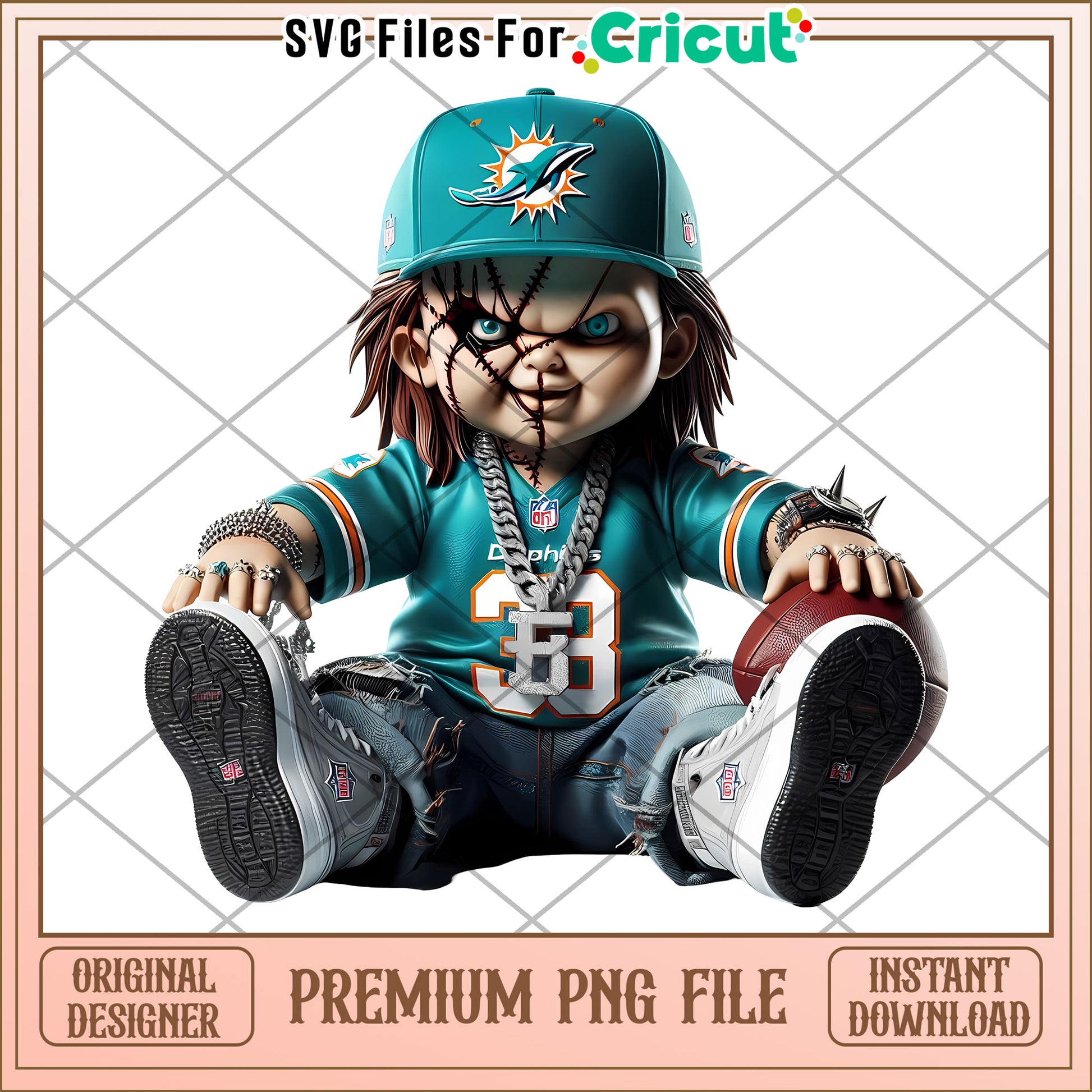 Creepy Doll Character in Dolphins Jersey, Perfect for Crafting Decor