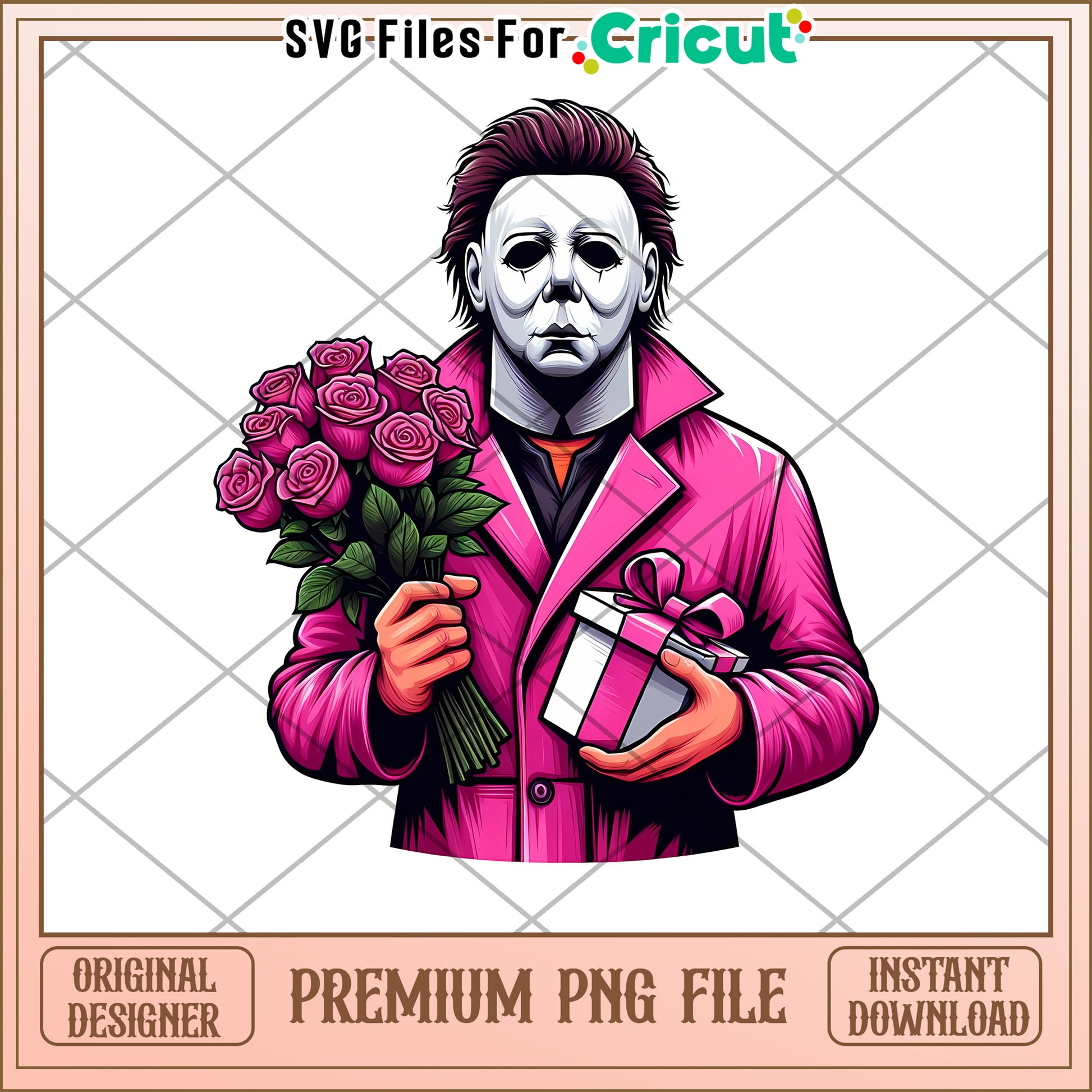 Creepy Michael Myers with Flowers and Gift PNG Design