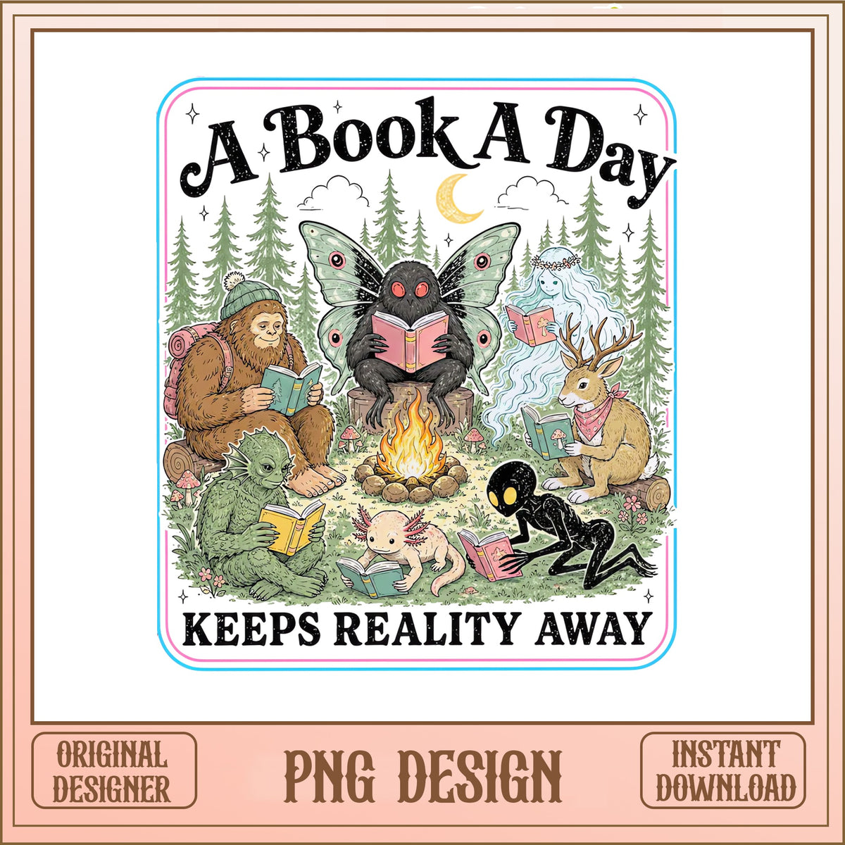 Cryptid Reading Club PNG, Bigfoot Mothman Book Lover PNG, Bookworm PNG