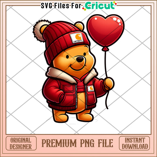 Cute Bear in Jacket Holding Heart Balloon PNG File