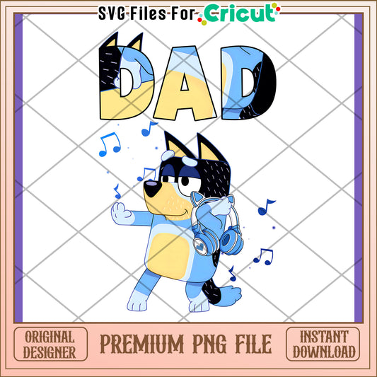 Cute Blue Dog Dad Music PNG Design Downloadable File
