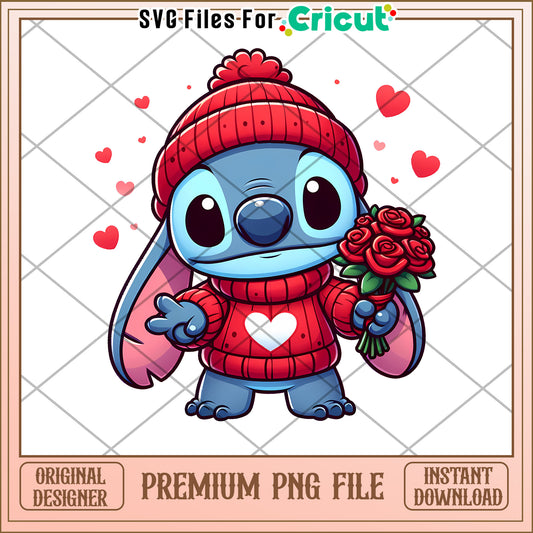 Cute Cartoon Character in Sweater with Roses PNG File