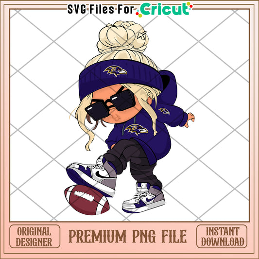 Cute Cartoon Girl in Baltimore Ravens Gear, Premium PNG File Download