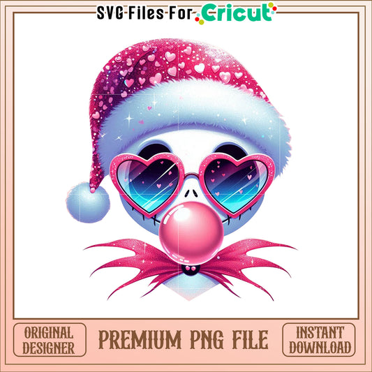 Cute Cartoon Santa Skull with Heart Glasses PNG Image Design
