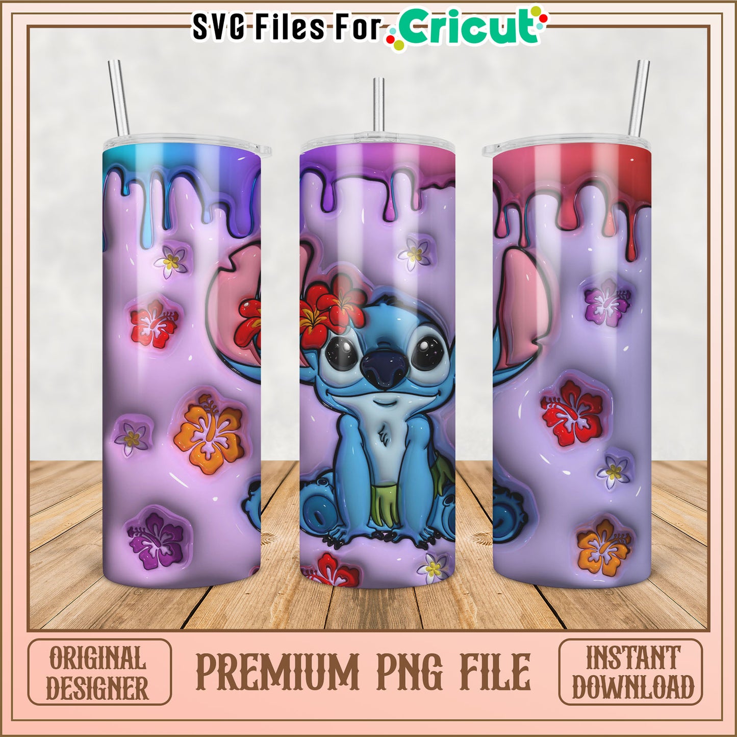 Cute Cartoon Tumbler Design with Colorful Floral Elements PNG