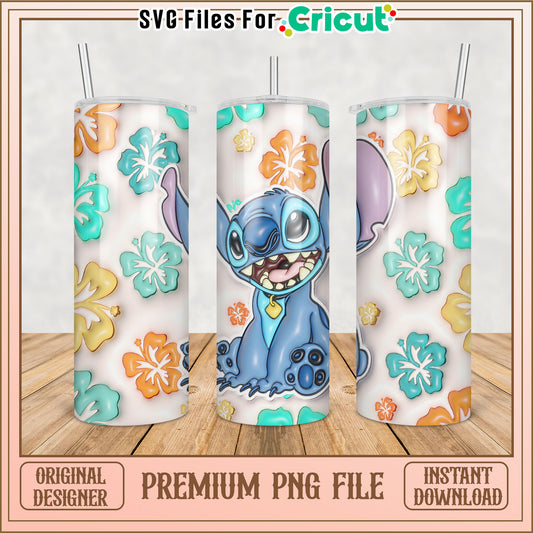 Cute Cartoon Tumbler Design with Floral Patterns and Stitch PNG