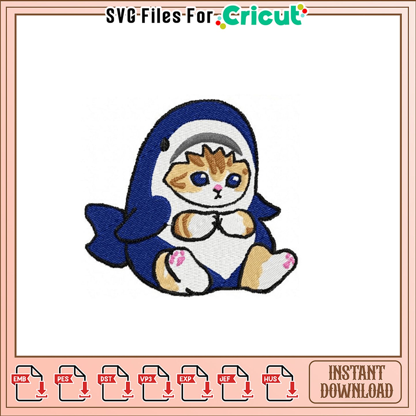 Cute Cat Shark Embroidery Design Instant Download