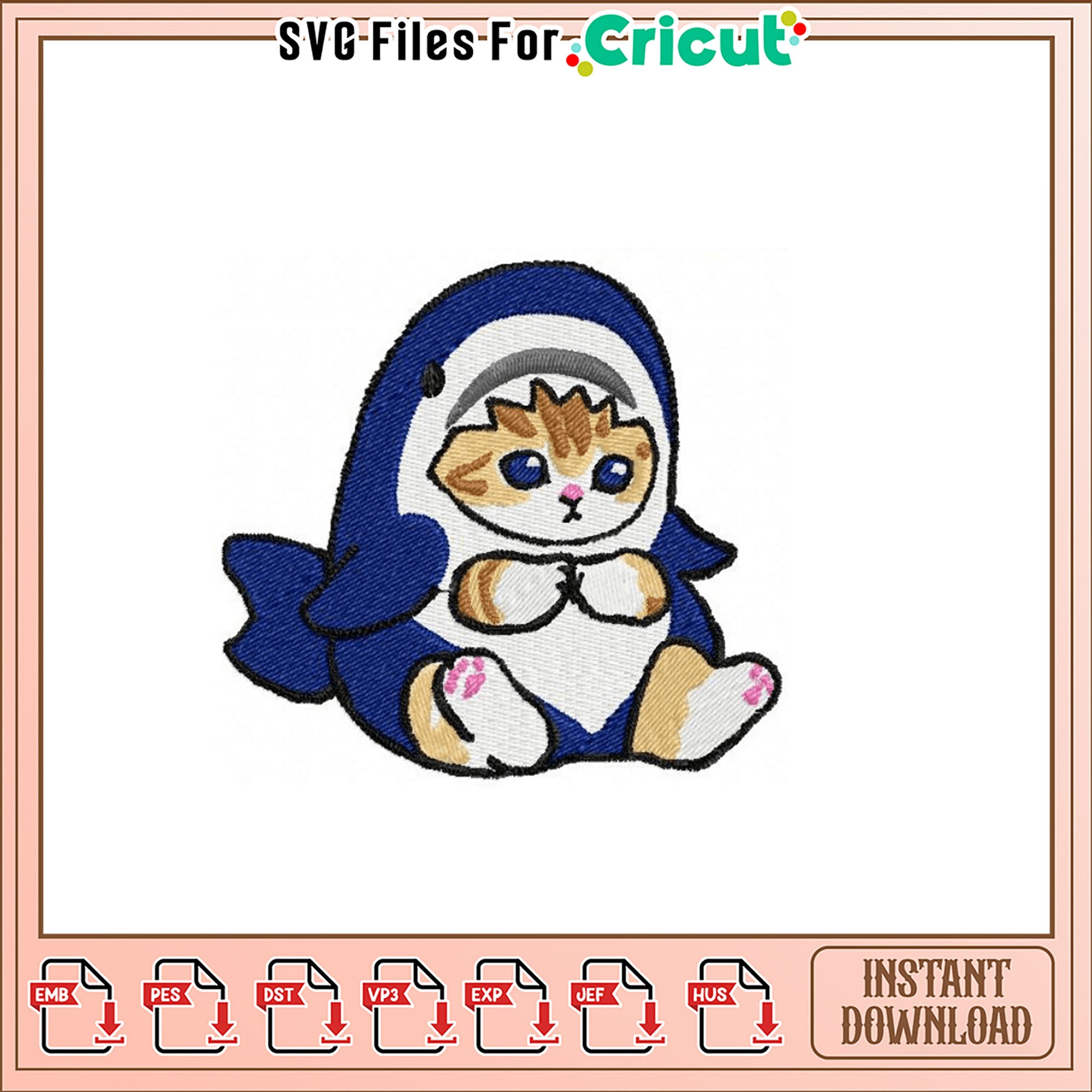 Cute Cat Shark Embroidery Design Instant Download