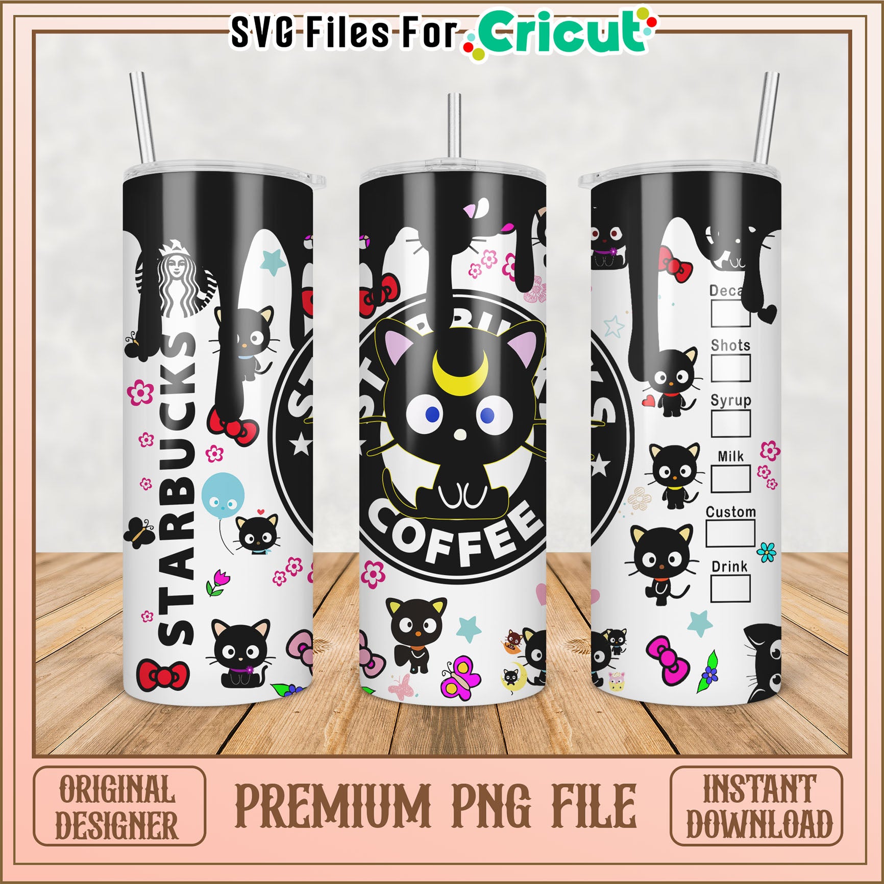 Cute Cat Starbucks Tumbler PNG Design for Cricut Projects