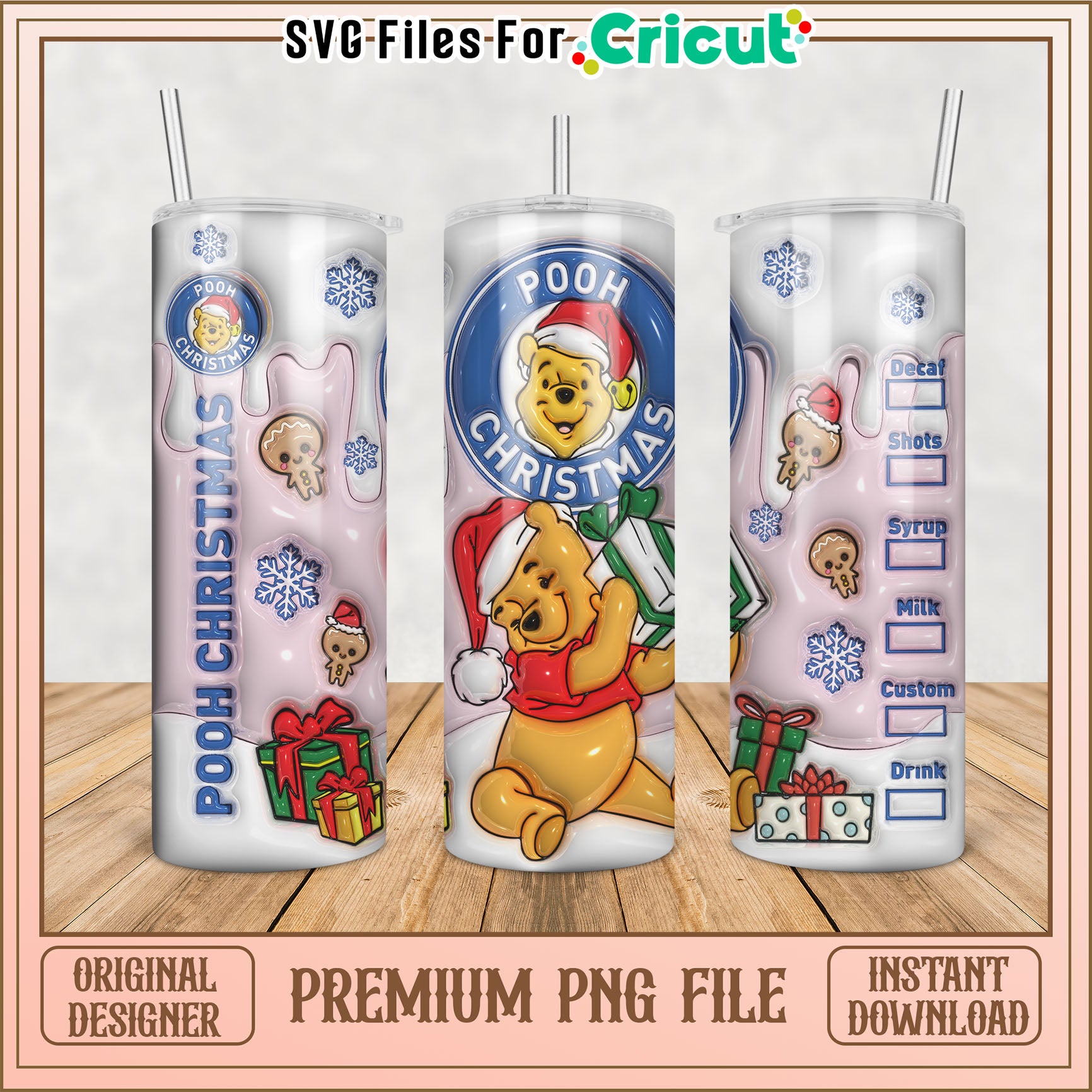 Cute Christmas Pooh Tumbler PNG File for Cricut Users Download