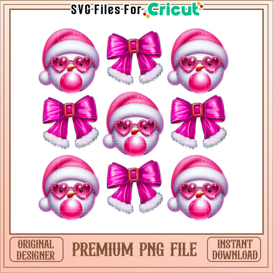 Cute Christmas Snowman PNG with Pink Bows and Sunglasses Design