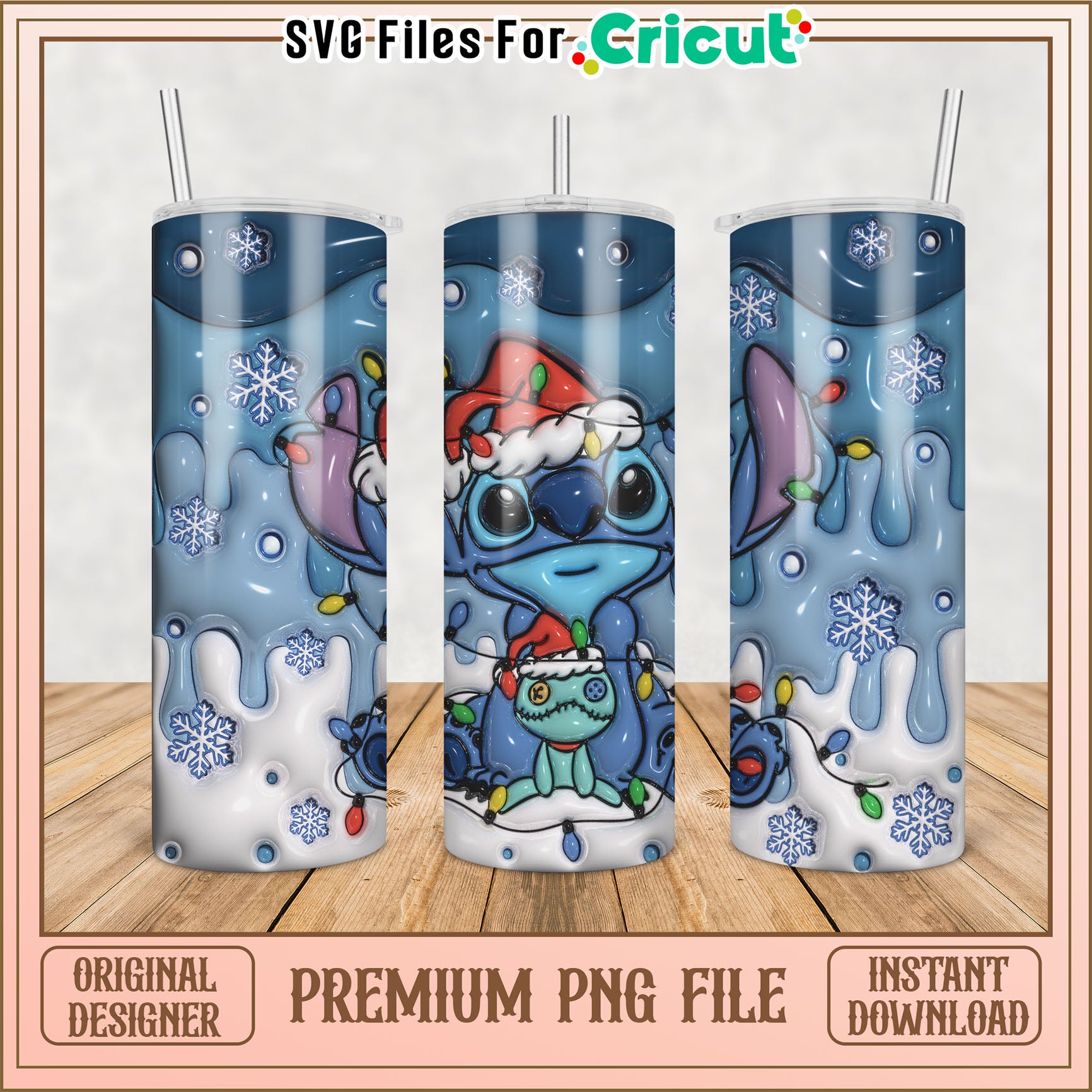 Cute Christmas Tumbler Design with Stitch and Snowflakes PNG File