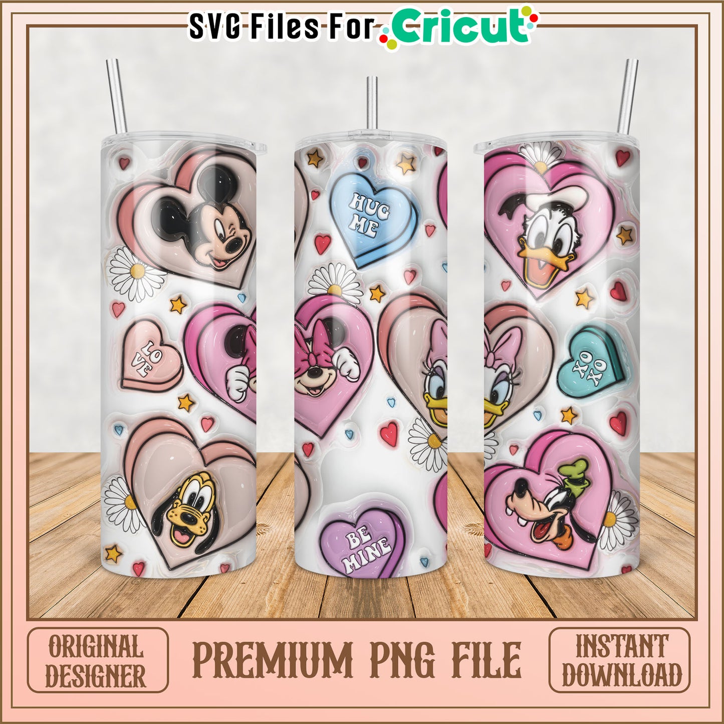 Cute Disney Tumbler PNG File with Hearts and Characters Design