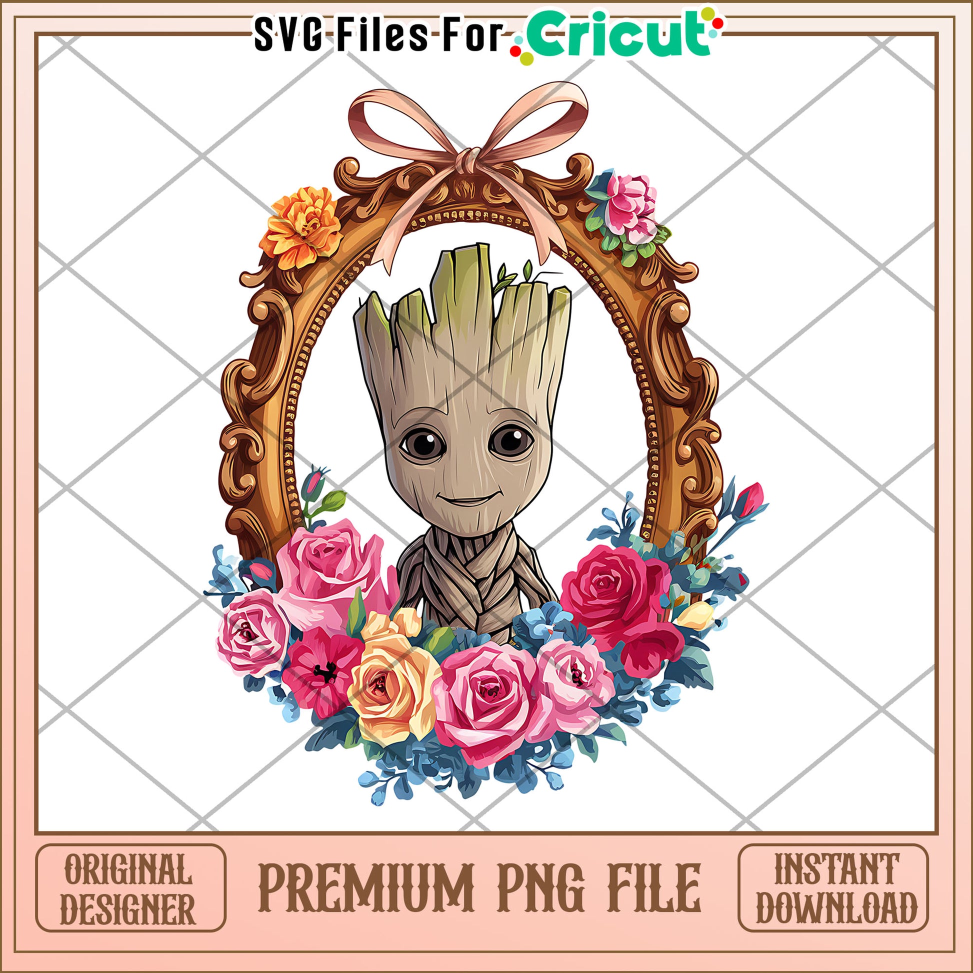 Cute Groot Character in Floral Frame Design, Perfect for Crafting Projects